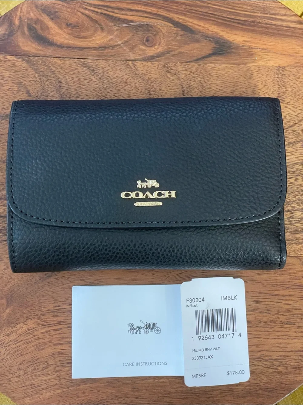 COACH Black Pebble Leather Medium Envelope Wallet F30204